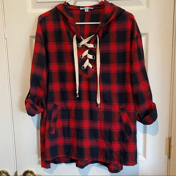 SHE + SKY PLAID HOOED TOP - Picture 2 of 11